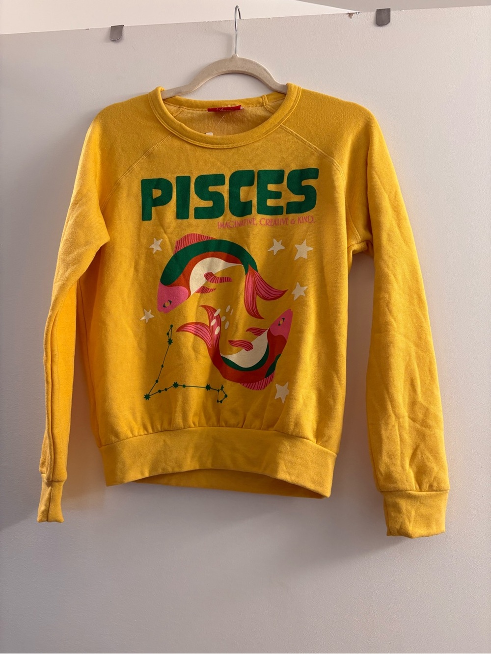 Anthropologie Yellow Pisces Crewneck Sweater with Pink & Green Fish Size XS NWT